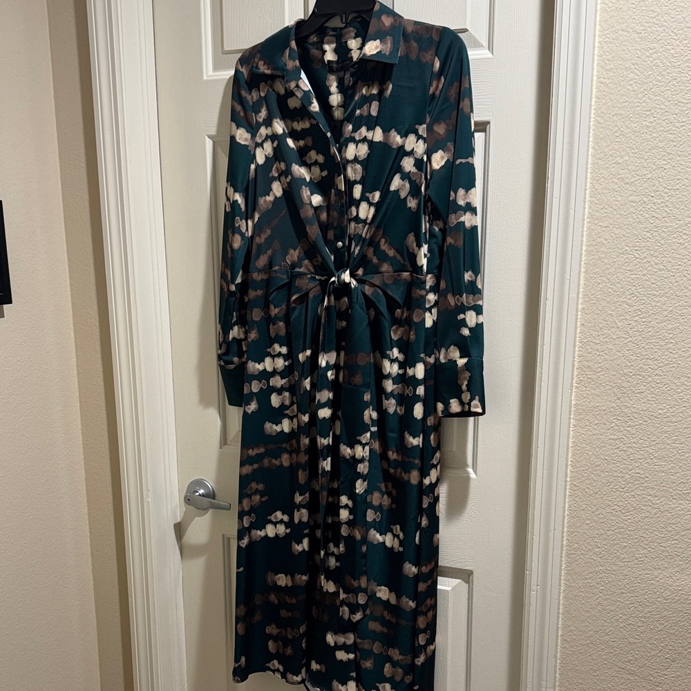 Donna Karan Teal Printed Midi Shirt Dress with Tie